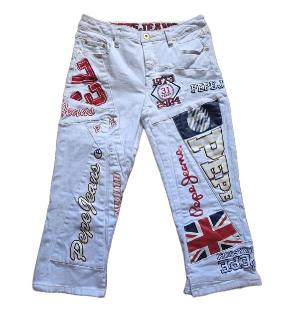 Pepe Jeans Denim - Y2K Pepe Jeans London Capri Pants Patchwork Logo Spellout Embroidered White 29